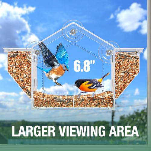 Window Bird Feeder with Dual Side Storage, Strong Suction Cups and Adhesive | High Capacity Outside Birdfeeder for Window, Close-up Viewing for Indoor Cats & Seniors, Ideal Nature Gift