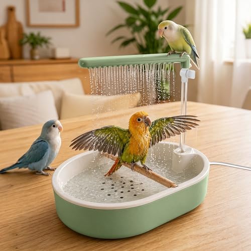 Tiiyee Automatic Parrot Bird Bath for Cage, Parakeet Bath Shower with Pump | Large Parakeet Indoor Bathtub Fountain Quiet USB Charging for Conure Cockatoo Budgie Lovebird Finches Canaries Cockatiels