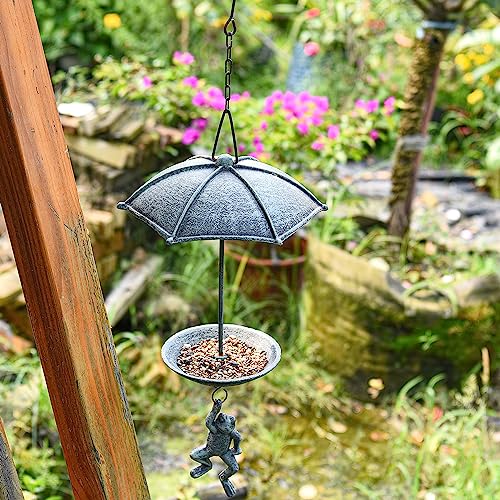 Sungmor Cast Iron Hanging Bird Feeder, Vintage Green Frog Skydiving Design | Waterproof Cast Iron Bird Bath, An Excellent Addition to Any Garden Decor