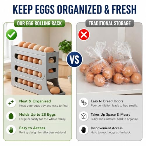 4 Tier Egg Roller Dispenser, Automatic Rolling Egg Holder, 28 Egg Capacity | Gravity-Fed Rolling System, Smooth Egg Dispensing, White Design, Easy Refill, Stable Placement - color: Pure White