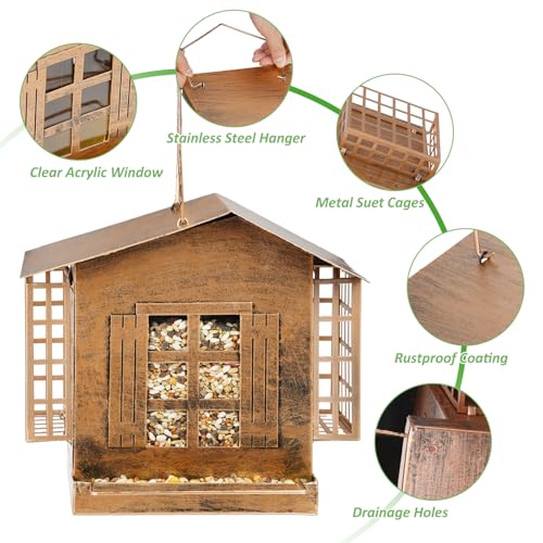 Bird Feeder with Double Suet Holders, Metal Bird Feeders for Outdoors | 5LB Large Capacity, Weatherproof Metal Roof, Easy to Refill and Clean, Wild Birdfeeder for Garden Yard Outside Backyard