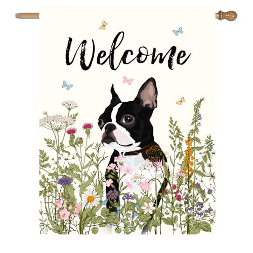 Floral Boston Terrier Garden Flag 28 x 40 Double Sided Multicolored Flower Dog Yard Flag for Outdoor Welcome - color: p-boston