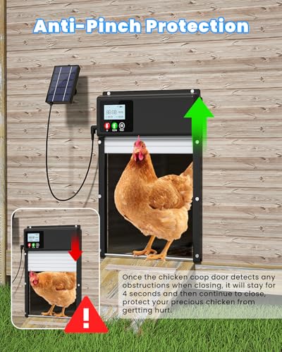 Automatic Chicken Coop Door Solar Powered, WiFi Automatic Chicken Door APP Control, Solar Chicken Coop Door Timer & Light Sensor, Auto Chicken Coop Door Opener LCD Display Aluminum Anti-Pinch Design