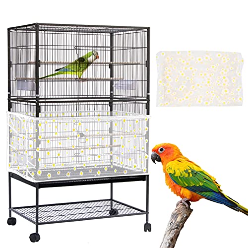 Daoeny Large Bird Cage Cover, Bird Cage Seed Catcher, Adjustable Soft Nylon Mesh Net with Daisy Pattern, Birdcage Cover Skirt Seed Guard for Parrot Parakeet Macaw Round Square Cages (White) - color: White, Daisy Design
