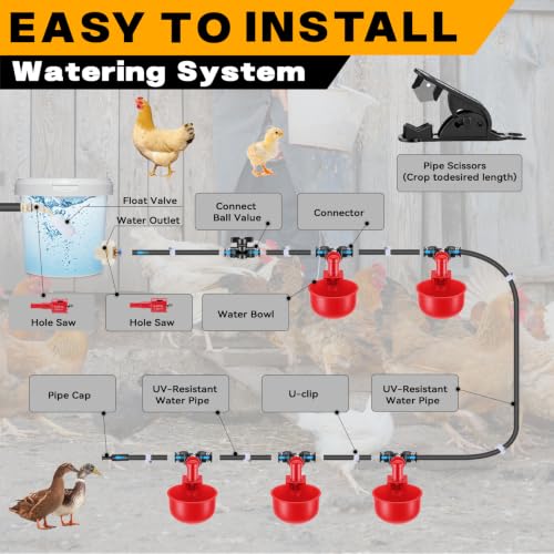 Complete Automatic Chicken Watering System with Quick-Connect Large Cups, 32.8ft Pipeline & Float Valve – 10 Red Cups, Removable & Washable