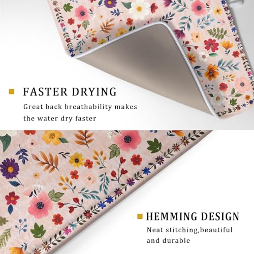 Spring Flowers Dish Drying Mat - Summer Pink Floral Washable Decorative Drying Pad for Women Home Kitchen Decor - color: Wildflowers Pink, size: 24" x 18"