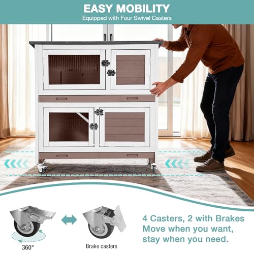 Suumerpety 36" 2-Story Wooden Rabbit Hutch with Chew-Proof Ramp, Double Leak-Proof Pull-Out Trays & 4 Lockable Wheels, Indoor Outdoor Bunny Cage for Rabbits & Guinea Pigs (Brown) - color: (Brown-AIR77)