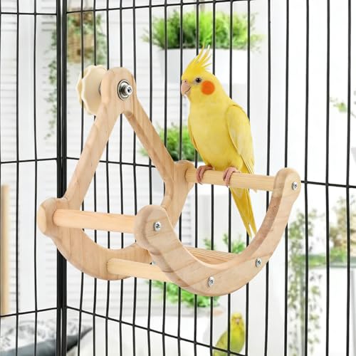 Bird Perch Toy, Wooden Interactive Rocking Parakeet Toys & Perches, Exercise Wheel Cockatiel Toys, Intelligence Puzzle Birds Enrichment Toy Bird Playground for Budgies Conure (Wood)