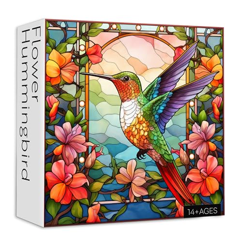 Hummingbird Puzzles for Adults 1000 Pieces, Stained Glass Spring Bird Flower Impossible Art Puzzle, Hard Challenging Bird Garden Jigsaw Puzzle as Home Wall Art Decor