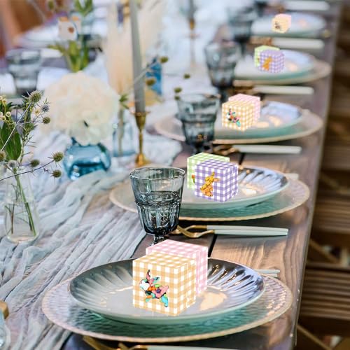 L7HWDP 12Pcs Easter Treat Boxes Plaid Cardboard Box with Rabbit Bunny Shape Window Spring Colorful Checked Candy Gift Paper Box Easter Containers