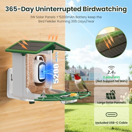 TECKNET Smart Bird Feeder with Camera, 2K UHD Video, AI Bird Species Identification, Instant Arrival Alerts, Solar Powered, Waterproof Birdhouse Camera, Gift for BirdLovers, Family, Green
