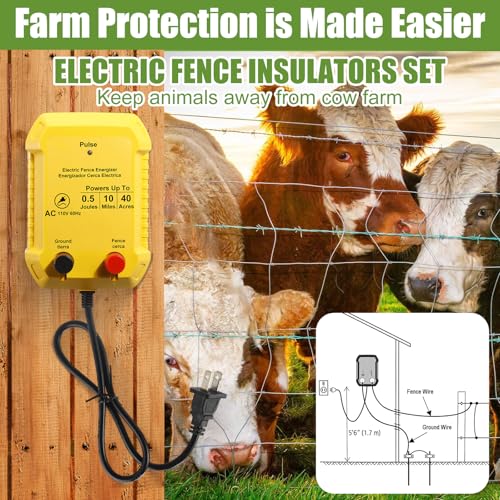Electric Fence Charger Set 10 Mile 110VAC 0.5 Joule Electric Plug in Fence to Contain Chickens Pet Poultry 50 Black Insulator and 1 Socket Tool 250ft Aluminum Wire for Garden Pond Protection - style: 0.5 Joule