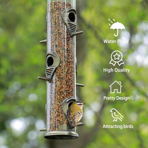 1PK Metal Bird Feeders with 6 Feeding Ports,Tube Bird Feeder with Steel Hanger,Hard Plastic Wild Bird Feeder for Outdoors Hanging, Attracting Birds in Your Lawn, Garden, Balcony–Bronze - color: Bronze 1 PACK