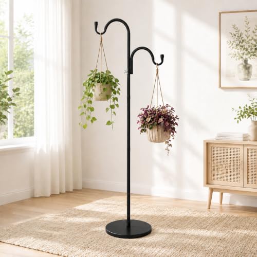 63" Double Shepherds Hooks for Outdoor, Freestanding Adjustable Shepherds Hook with Base, Metal Bird Feeder Pole for Wind Chimes, Hummingbird Feeders, Lanterns, Hanging Plants, Indoor Outdoor Decor