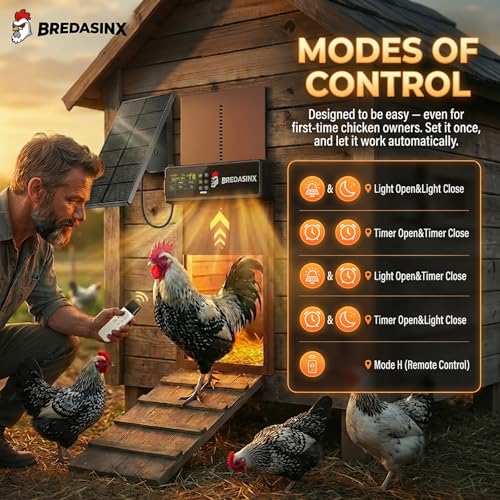 Solar Automatic Chicken Coop Door, 6-Mode Programmable Remote, HD Screen | Auto Chicken Door with aluminum alloy, timer, light sensor, anti-pinch protection, 70M remote range