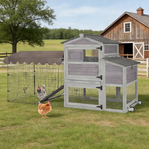 79‘’ Chicken Coop with Wheels, Wooden Hen House with Large Nesting Box, Outdoor Poultry Cage with Leakproof Pull-on Tray, Backyard Chicken Coop with Run, Weatherproof Rabbit Hutch