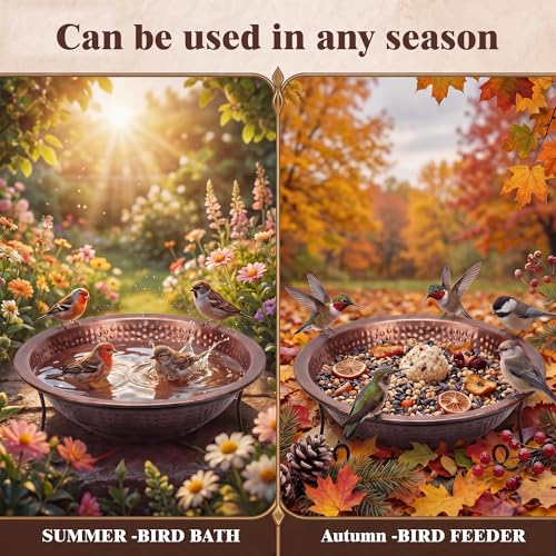 12.8" Hammered Copper Bird Bath Bowl with Stand, Large Birdbath Bowl Replacement, Decorative Birdbath Water Bowls for Garden Patio Deck, Wide Perching Rim Outdoor Ground Bird Bath Dish