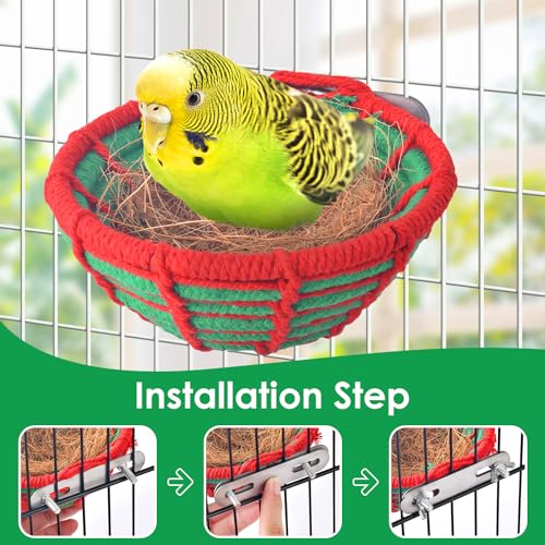 KATUMO Bird Nest, 5.3in Cockatiel Breeding Nest Parakeet Bed with Natural Coconut Fiber Bedding for Budgie, Parakeet, Cockatiel, Conure, Lovebird, Canary, Finch, Small Birds - color: Green+Red