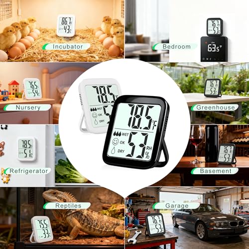 2 Pack Room Thermometer Indoor Hygrometer | Monitor Temperature & Humidity, Accurate, Fast Read, Easy To View, Magnetic/Kickstand/Hanging, ℉/℃, w/ Battery, Compact - color: 2 Pcs* Black & White