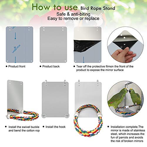 Stainless Steel Bird Cage Mirror, Parakeet Mirror with Rope Perch, 10.6 in | 10.6 in Mirror for Medium Birds, Rope Perch for Standing, Hanging Cage Hook, Stainless Steel Surface, Cockatiels & Conures - size: Large(10.6 * 7.87)