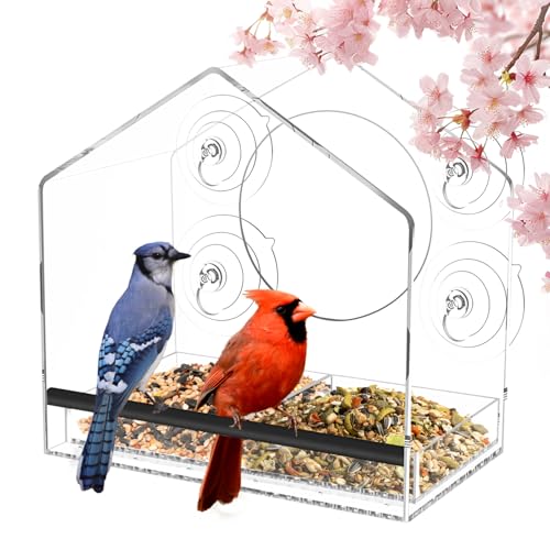 Clear Window Bird Feeder with Strong Suction Cups | Clear window design for outdoor viewing, removable tray for easy cleaning and refilling, bird watching gift for parents - color: Clear, size: 3.94IN