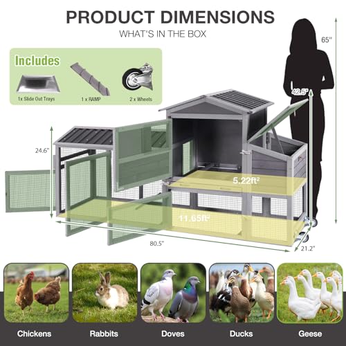 80" Large Chicken Coop on Wheels, with Run, Outdoor Wooden Hen House with Nesting Box, Leakproof Pull-Out Tray & Waterproof Roof, for 4–6 Chickens - color: Grey (AIR61)
