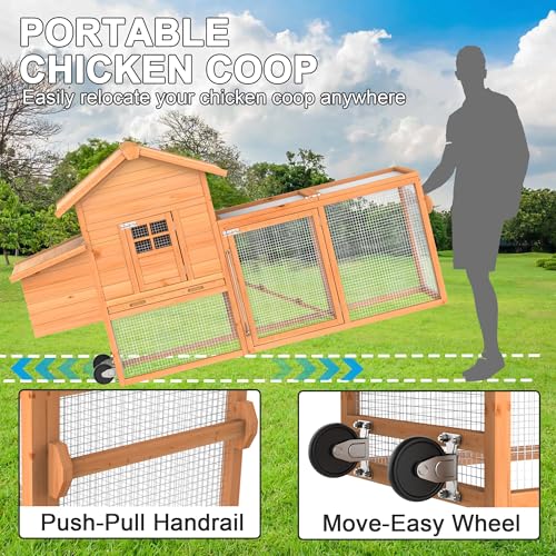 GOJOOASIS Portable Chicken Coop with Wheels & Handrail, Weatherproof Wooden Hen House, Removable Tray & Nesting Box, Ideal for Chickens, Ducks, Rabbits & Small Animals (80" Wood Top with Wheel)