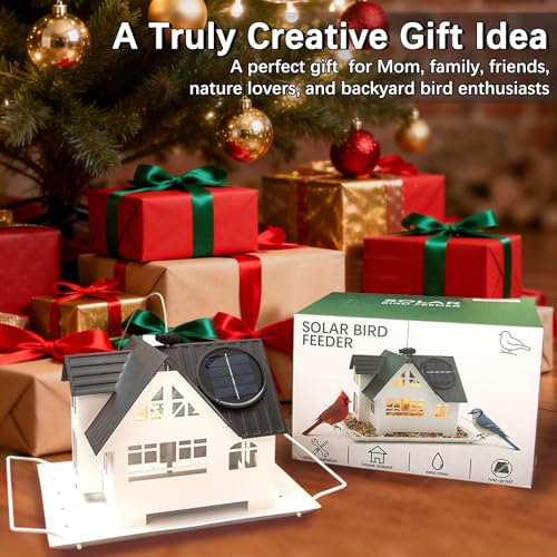 Solar Bird Feeders for Outdoors Hanging, Heavy-Duty All-Metal | House-Shaped Small Birdfeeders with Solar Lights, Charming Garden Decor, Unique Gifts for Bird Lovers, Mom and Grandma(White) - color: White