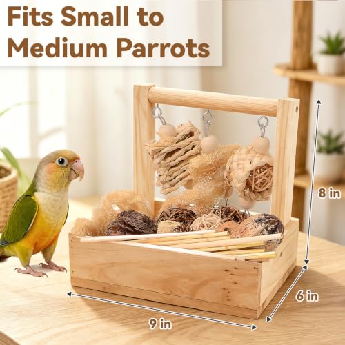 Wooden Bird Parrot Foraging Toys Box with Perch Stand, Cage Accessories