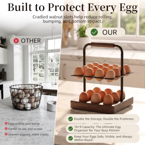 Farmhouse Wooden Egg Holder Countertop, 2-Tier Walnut Wood & Metal Egg Rack with Handles for 25 Fresh Eggs, Rustic Egg Tray Organizer for Kitchen Counter, Holds Eggs Farm Fresh Storage