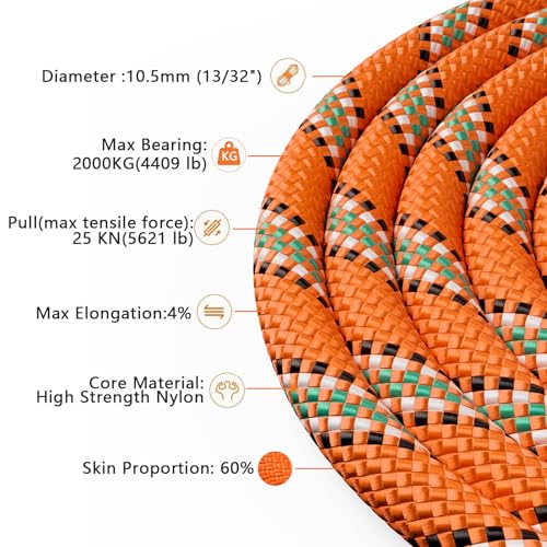 X XBEN Outdoor Climbing Rope 10M(32ft) 20M(64ft) 30M(96ft) 50M(160ft) 70M(230ft) 152M(500FT) 352M(1000FT) Static Rock Climbing Rope for Escape Rope Ice Climbing Equipment Fire Rescue Parachute - color: Orange, size: 2/5 Inch x 96 Feet