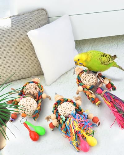 Bissap 3PCS Bird Parrot Foraging Shredder Hanging Toys Sola Balls with Sand Hammer for Small Parrots Parakeets Conures Cockatiels Love Birds Cage Toy - size: 3 PCS