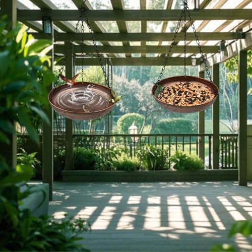 10" Compact Metal Hanging Bird Bath with Chains | 1.6" Deep Bowl, 0.4Gal Capacity, 3 Chain Support, Easy Cleaning, Rust Resistant, Small Space Decor - size: 10"