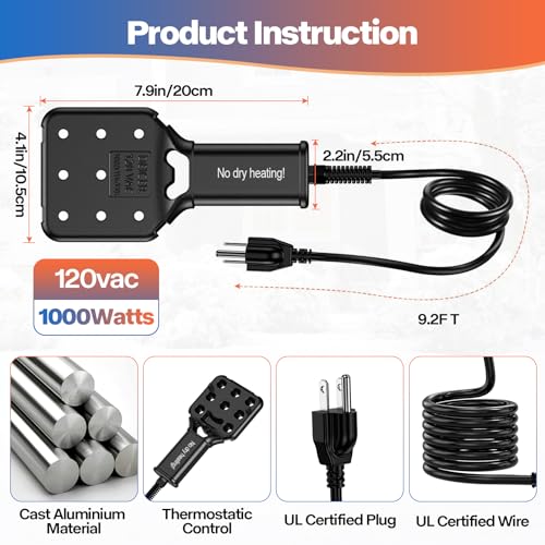 250W Smart Electric Pond De-icer – Eco Mode for Small Ponds & Bird Baths, Auto On/Off, 9ft UL Cord, IPX8 Waterproof, Cast Aluminum Heater for Winter Use
