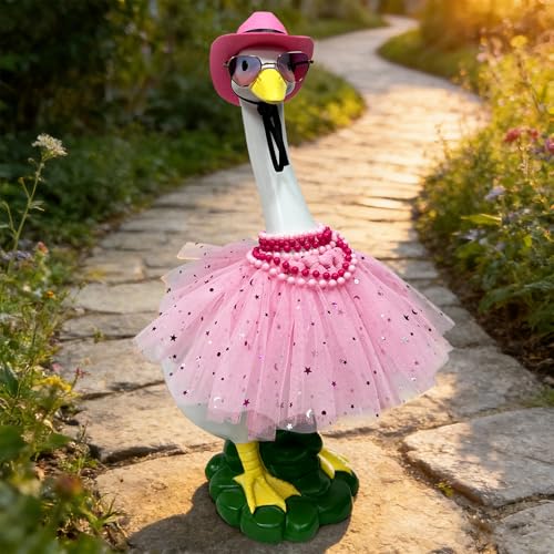 Porch Goose Garden Decor Statues Large White Yard Figurine with Outfit | Resin Statue Duck Wear Pink Dress and Hat, Weatherproof Outdoor Home Decorations Housewarming Birthday Gifts for Mom Women - style: star skirt goose