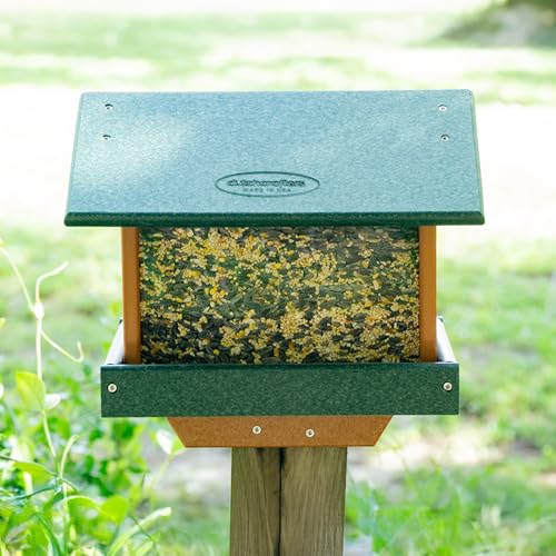 DutchCrafters Poly Large Hopper Bird Feeder Post Mount for 4" x 4", Wild Songbird Bird Seed Feeder for Outdoor, Outside, Garden, Yard - Amish Made in USA (Post Mount, Turf Green & Cedar) - color: Turf Green & Cedar, style: Post Mount