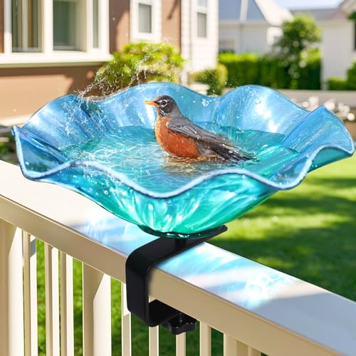 Deck Mounted Bird Bath for Outdoors, Glass BirdBaths Bowl for Garden | Blue Glass Bird Baths Bowl with Adjustable Sturdy Steel Fence Clamp for Garden Patio Lawn Yard Deck Balcony Railing - color: Blue