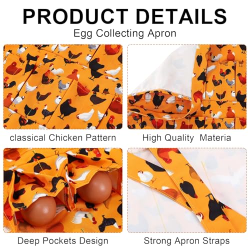 Egg Collecting Apron and Basket, 12 Pouches Chicken Egg Apron, 7 Pouches Chicken Eggs Basket, Collector Chicken Eggs - color: Yellow Black Chicken, Half-body