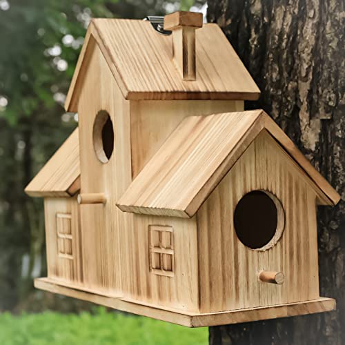 Bird Houses for Outside 3 Hole Bird House Room for 3 Bird Families Outdoor Bluebird Finch Cardinals Wooden Hanging Birdhouse for Garden