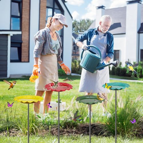 4 PCS Metal Bird Baths for Outdoors, Small Garden Bird Bath with Metal Stake, Hummingbird Feeder for Yard Lawn Decoration (4P-Red Yellow Blue Green) - color: 4P-Red Yellow Blue Green