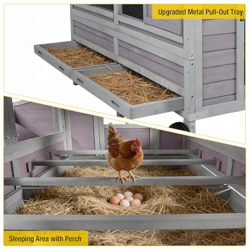 Mobile Chicken Coop with Wheels, Large 16.4ft² Chicken House for 6-8 Chickens, Weatherproof Chicken Tractor, with Nesting Boxes & Foldable Ramp, Easy Clean with Pull-Out Metal Trays - color: Grey, size: 68.1"L x 41.3"W x 49.0"H