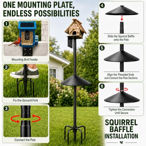 Bird Feeder Pole Kit with Squirrel Baffle, 76 Inch Heavy Duty Bird House Pole, 1-Inch Diameter Metal Bird Feeder Stand with Mounting Plate for Outdoor Smart Bird Feeders - size: 76in With baffle