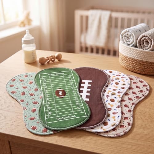 SmoothNovelty 5 Pack Football Baby Burp Cloths Soft Absorbent Burping Rags for Newborns 19"x9" Spit up Cloths for Boy Girl Newborn Baby Shower Registry Gifts Set Nursery Decor - style: Football