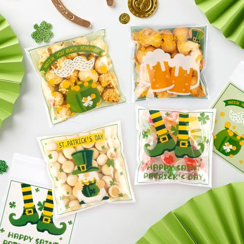 100 PCS Clear St Patricks Ziplock Bags, Plastic St Patricks Treat Gift Candy Goodie Snack Cookie Bags Party Favors Supplies for Gifts Giving Shamrock Bags Holiday Candy Bags Wrap - color: 100pcs St Patrick's bags