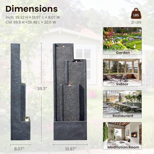 39" Modern Water Fountain Outdoor – Tiered Grey Rectangle Outdoor Waterfall Fountain with LED, Indoor Water Feature for Lawn Garden Porch or Backyard Decor, Resin patio water fountains outside - color: Gray-39 in