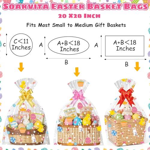 Soarvita 10PCS Large Easter Basket Bags with Bows: 20×28 Inch Clear Cellophane Wrap for Gift Baskets - 2.8 Mil Thick Easter Cellophane Bags for Oversized Toys Holiday Hampers and Gift Wrapping