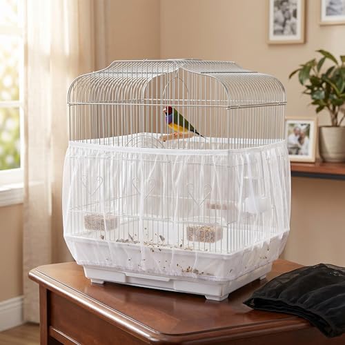 Birdcage Cover Seed Catcher - Blocks Over 90% Splashes & Mess | Set of 2 breathable mesh nets (14.56"H, 86.6"-94"girth). Use on indoor parrot setups to stop escaping and trap molting dander