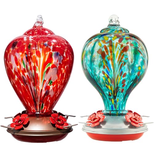 2 Packs Hummingbird Feeder for Outdoors Hanging, 34OZ & 32OZ Hand Blown Glass Hummingbird Feeders for Outside, Red & Teal | LaElvish Garden 2 Packs Hummingbird Feeder for Outdoors Hanging, - color: Red & Teal