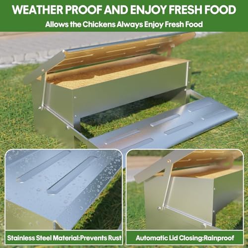 Stainless Steel Automatic Chicken Feeder, Treadle Chicken Feeder with Weatherproof Lid, No Waste Chicken Feeder, 15 lbs Poultry Feeder, for Chickens, Ducks, Fowl