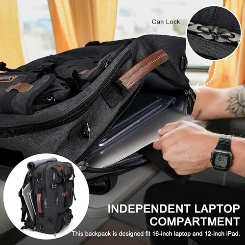 WITZMAN Travel Backpack for Men 40L Large Carry-on Airline Approved | Canvas 3 in 1 Duffle Luggage Bag Fits 16“ Laptop, Shoe Compartment, For Weekend Getaway, Overnight Trip - color: Black